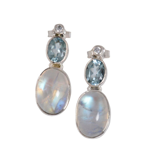 Classic & Elegant look pair of RAINBOW MOON STONE & SWISS BLUE TOPAZ hand-faceted earrings, allergic-free.